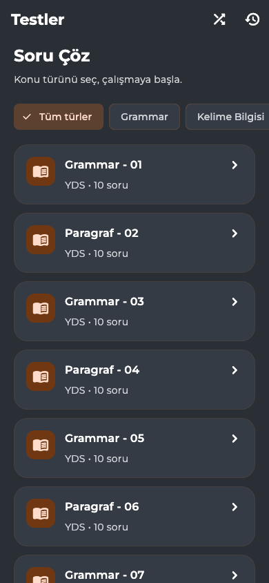Dilci’nin yeni test ekranı: Grammar ve Paragraf testleri, konu türü filtreleriyle listeleniyor.